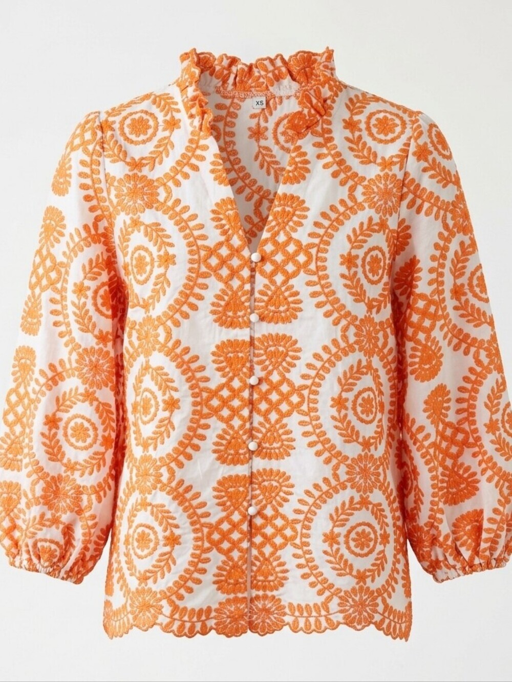 Bohemian Blouse Floral Embroidered Scalloped Hem Ruffle Neck Puff Sleeve Top XS